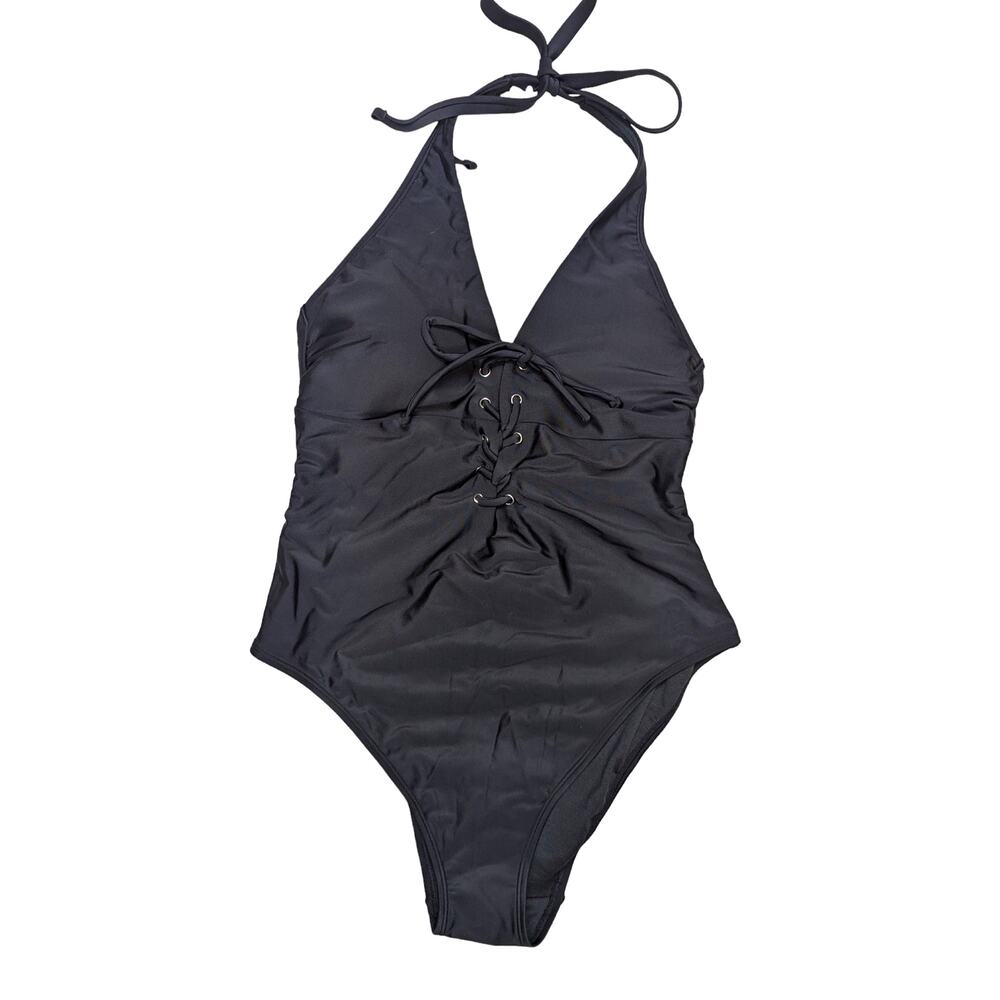 Adore Me One Piece Lace Up Halter One Piece Swimsuit Black
